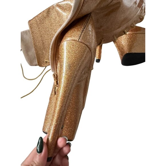 GOLD Glitter Platform Over the Knee Lace Up Boots Size US 7 - Picture 2 of 12